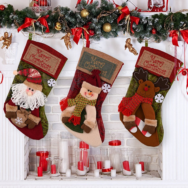 Christmas Stocking Socks Snowman Santa Elk Xmas Fireplace Xmas Tree Ornaments New Year Candy Bag Gift Christmas Decor Hover Image