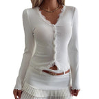 V-neck Lace Stitching Anti-stripe Cardigan Women's Top
