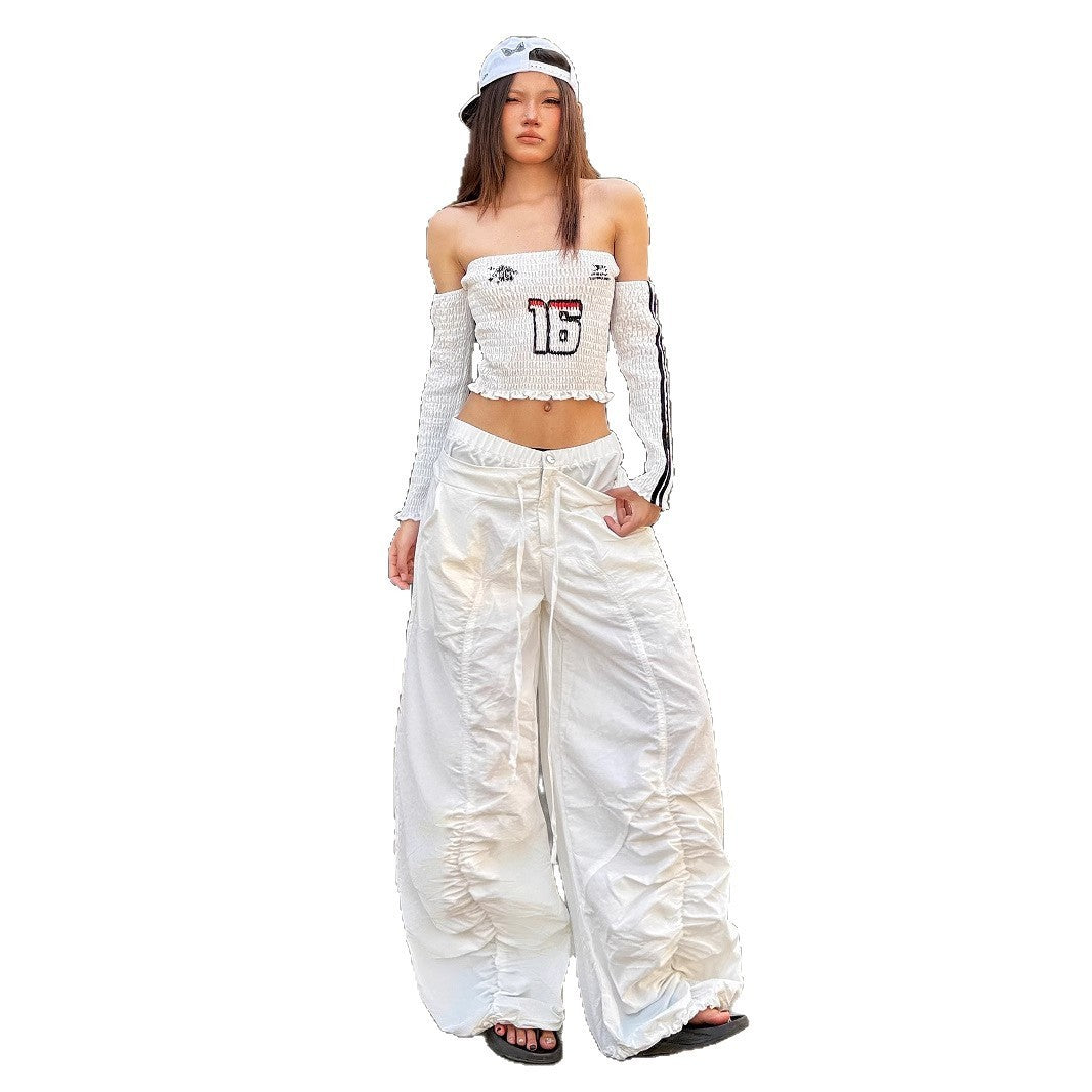 Ruffle Drawstring Lace Letters Embroidered Slacks