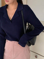 V-neck Hemmed Pullover Sweater Vertical Pattern Sunken Stripe Solid Color