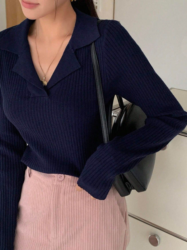 V-neck Hemmed Pullover Sweater Vertical Pattern Sunken Stripe Solid Color