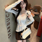 V-neck Dralon Lace Stitching Brushed Long Sleeve