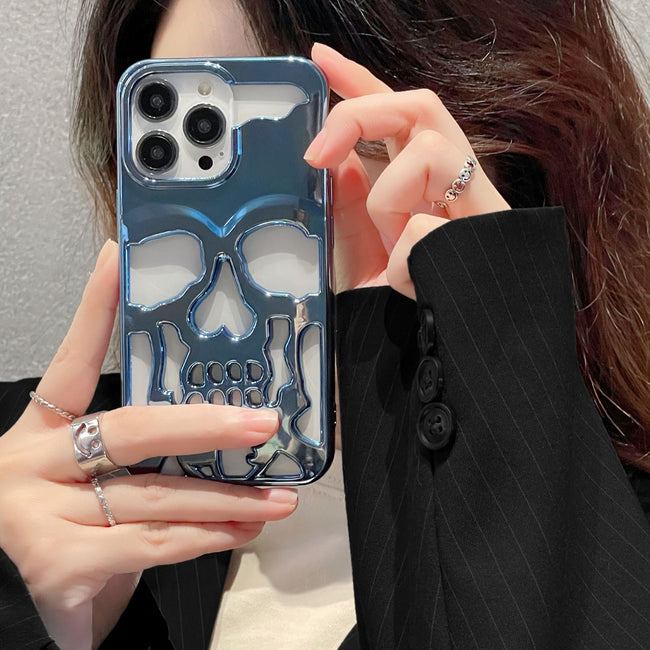 Luxury Plating 3D Skull Phone Case For I-Phone 14 Pro Max 13 12 11 Plus Breathable Glossy Hollow Out Gold Metallic Paint Hover Image