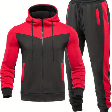 Mens Color Block Hoodie Set Two Piece Zip Up Joggers