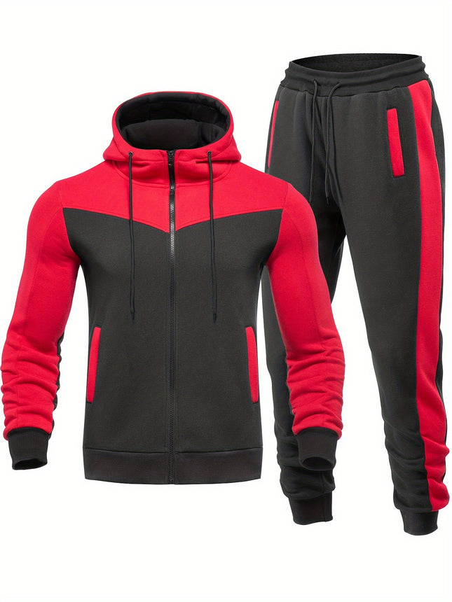 Mens Color Block Hoodie Set Two Piece Zip Up Joggers