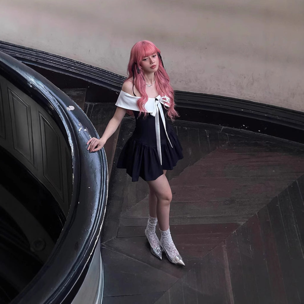 Off-shoulder Bow Lace-up Waist Trimming Short-sleeved Dress