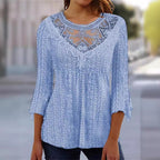 2023 Summer New Comfortable Leisure Hollow Out Perspective Lace Splicing Seven Quarter Sleeve Top