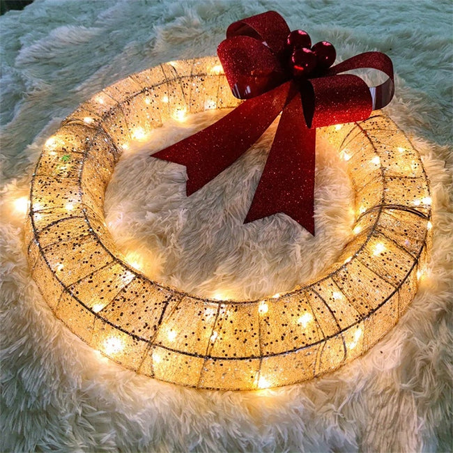 Christmas Garland 50CM Luminous LED Warm Light Metal Luminous Wreath With Big Bowknot Christmas Front Door Home Holiday Party Door Hanging Decor Main Image