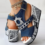 Newspaper Buckle Denim Wedge Slides - Anklet Not Included