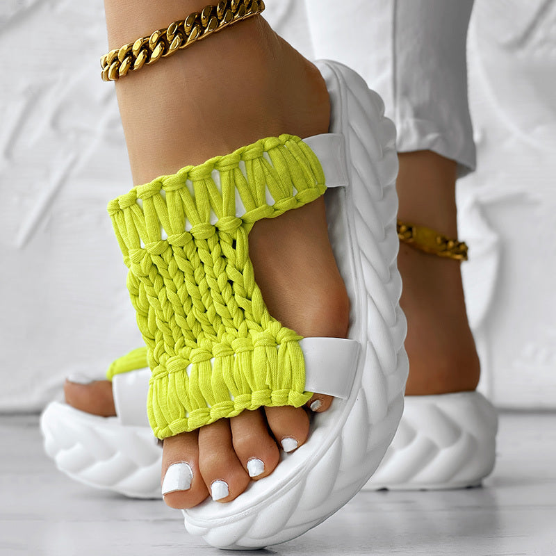 Platform Sandals Summer Braided Knit Hollow Open Toe Slipper Sandals - Anklet Not Included