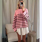 Stripe Warm Knitted Pullover Elegant Round Neck Long Sleeve Loose Sweater