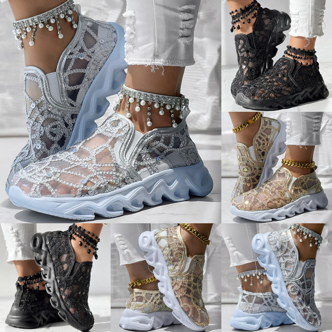 Contrast Glitter Transparent Mesh Patch Breathable Sneakers - Without Ankle Strap Hover Image