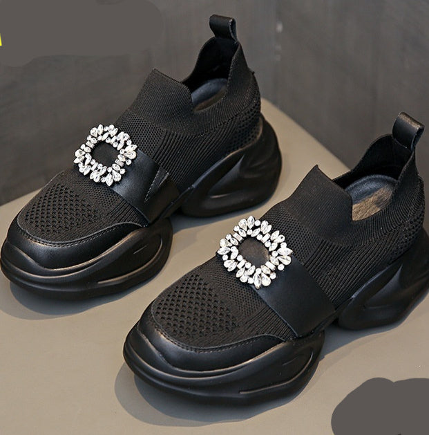 Rhinestone Square Buckle Breathable Mesh Casual Baotou Half Slippers