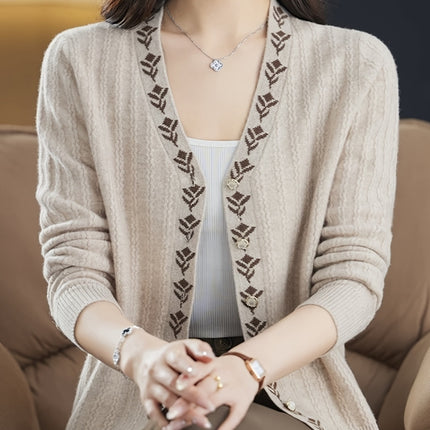 Chic Brown Floral Jacquard V Neck Cardigan for Women