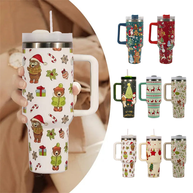New Christmas Pattern Mug With Handle Lid Straw Drinkware Stainless Steel Vacuum Tumbler Large Capacity Car Travel Coffee Cup Main Image