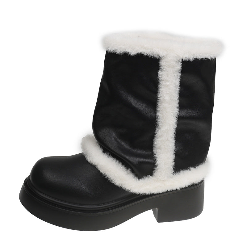 Women's Winter Faux Fur Lined Short Boots, Fashion Thick Bottom Ankle Booties With Warm Plush Trim For Casual Daily Wear