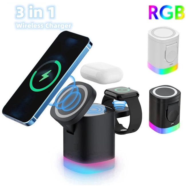 3 In 1 Magnetic Wireless Fast Charger For Smart Phone RGB Ambient Light Charging Station For Airpods IWatch Hover Image