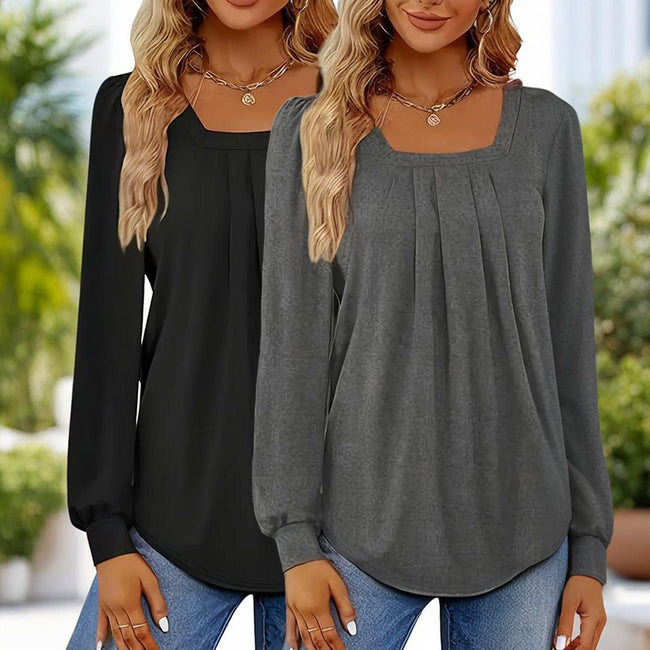 2-Pack Women's Puff Sleeve Square Neck Blouse, Fall Trendy Pleated Tunic Top, Dressy Casual Long Sleeve Work Shirt Hover Image