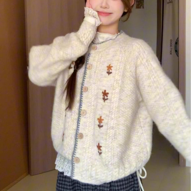 Japanese Style Soft Glutinous High-grade Round Neck Flower Knitted Cardigan Sweater Coat For Women Hover Image