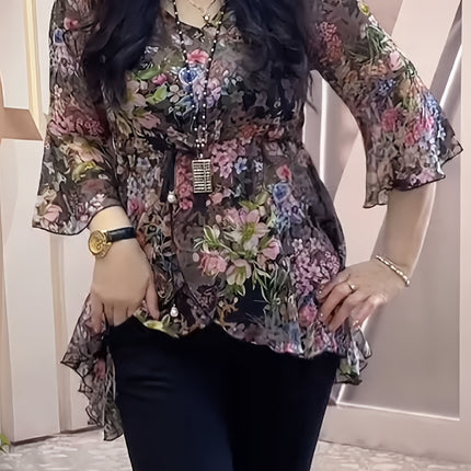 Floral Chiffon Top With Drawstring Waist Loose Fit