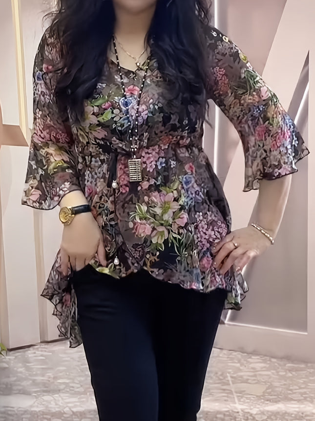 Floral Chiffon Top With Drawstring Waist Loose Fit