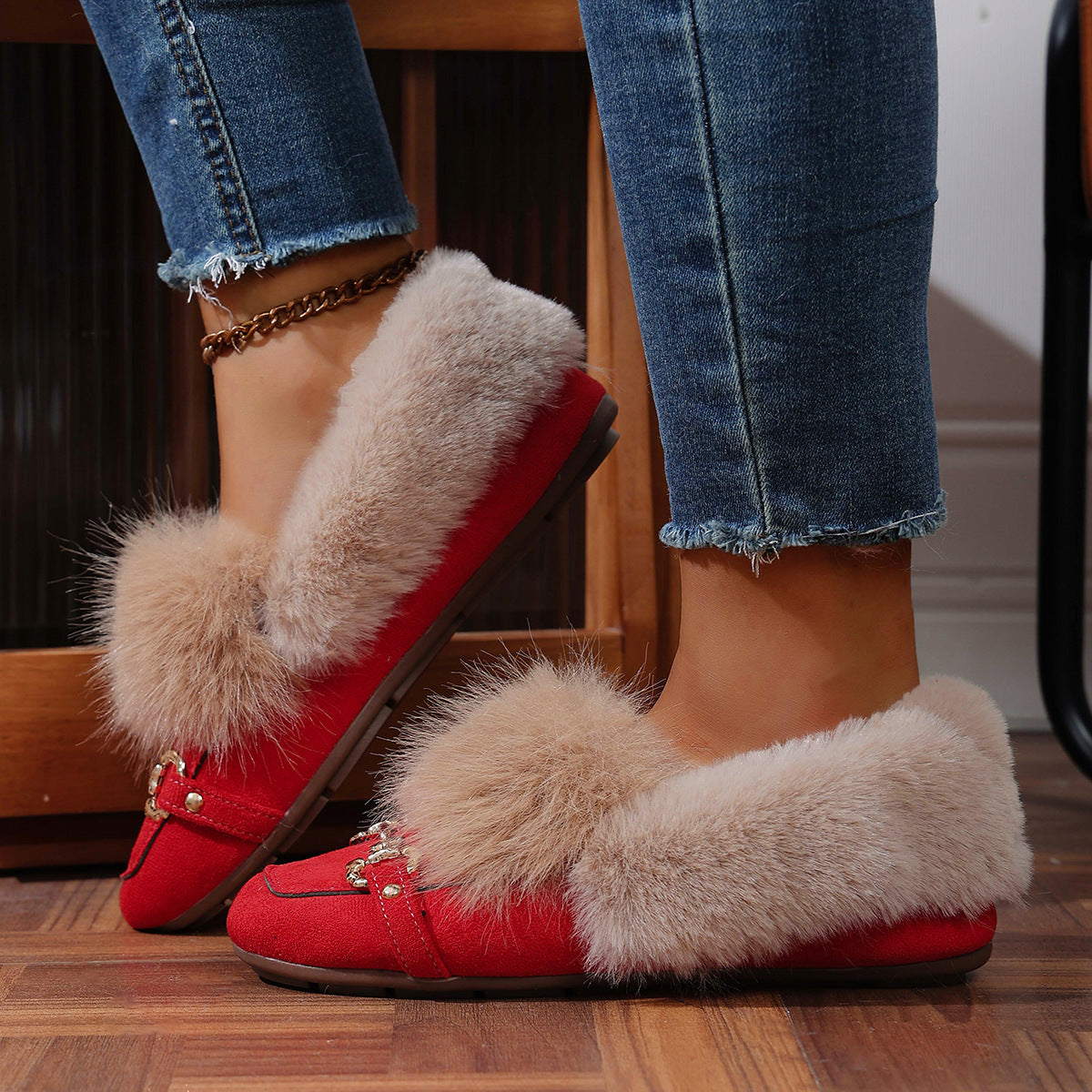 Cotton-padded With Velvet Lightweight And Comfortable Skin-friendly Plush Comfortable Versatile Women's Shoes