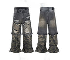 Camouflage Stitching Micro-pull Wide Leg Ripped Ripped Jeans