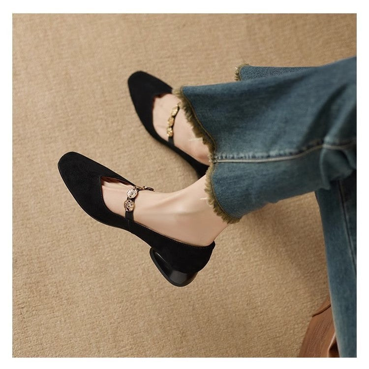French Retro Square Toe Low-cut Suede Pumps Women's Autumn New