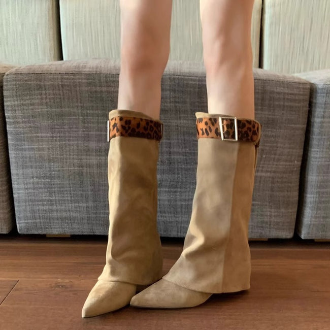 Retro Western Slimming Belt Buckle Middle Boots Hover Image