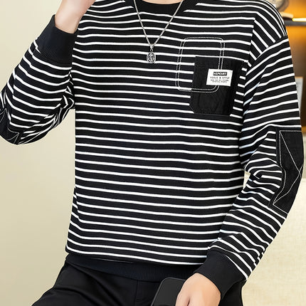 Mens Casual Striped Crew Neck Sweatshirt Embroidered Chest
