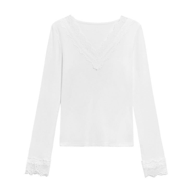 V-neck Dralon Lace Stitching Brushed Long Sleeve