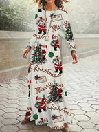 Santa Claus Printed Round Neck Long Sleeve Elegant Dress
