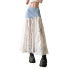 French Style Gentle Low Waist Breasted Denim Stitching Lace A- Line Dress