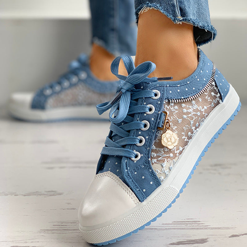 Floral Embroidered Polka Dot Print Sneakers