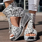Round Toe Fish Mouth Leopard Print Casual High Heel Wedge Shoes - Anklet Not Included