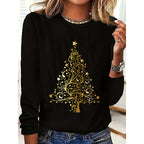 Women's Long Sleeve Merry Christmas T-Shirt, Cute Christmas Tree Graphic Tee, Funny Holiday Party Top