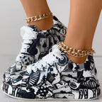 Women's Casual Round Toe Thick Sole Lace-Up Sneakers, Random Print Design, Comfortable Sporty Shoes For Daily Wear