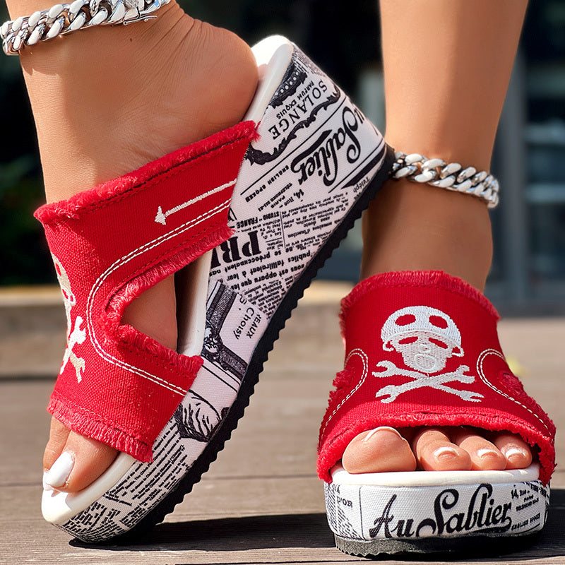 Newspaper Skull Original Hem Platform Wedge Slides - Anklet Not Included