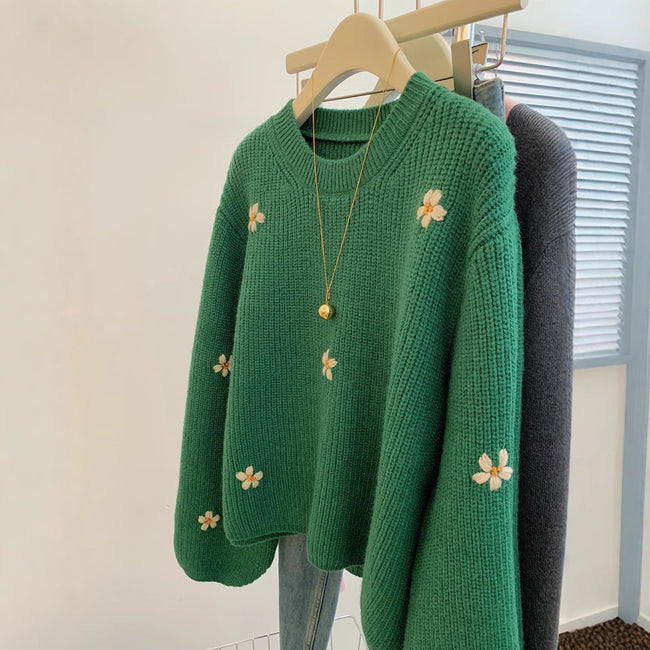 Loose And Lazy Style High-grade Korean Style Vintage Embroidered Flower Pullover Sweater Hover Image