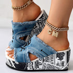 Newspaper Skull Original Hem Platform Wedge Slides - Anklet Not Included