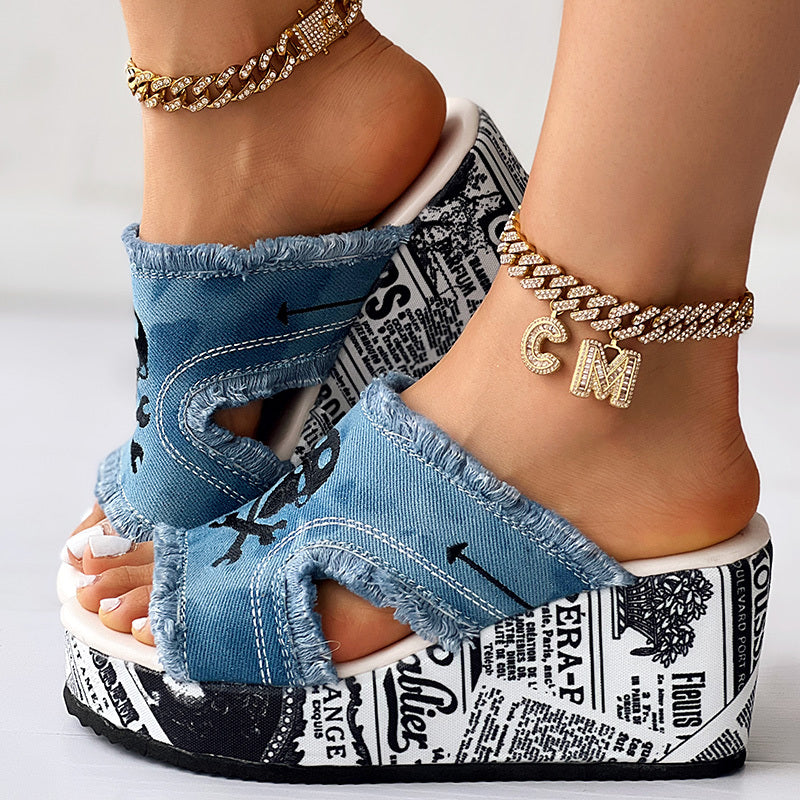 Newspaper Skull Original Hem Platform Wedge Slides - Anklet Not Included