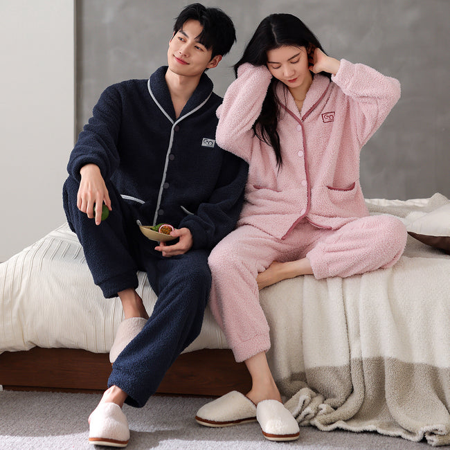 Flannel Thick Warm Long Sleeves Coral Fleece Couple Pajamas Suit Main Image