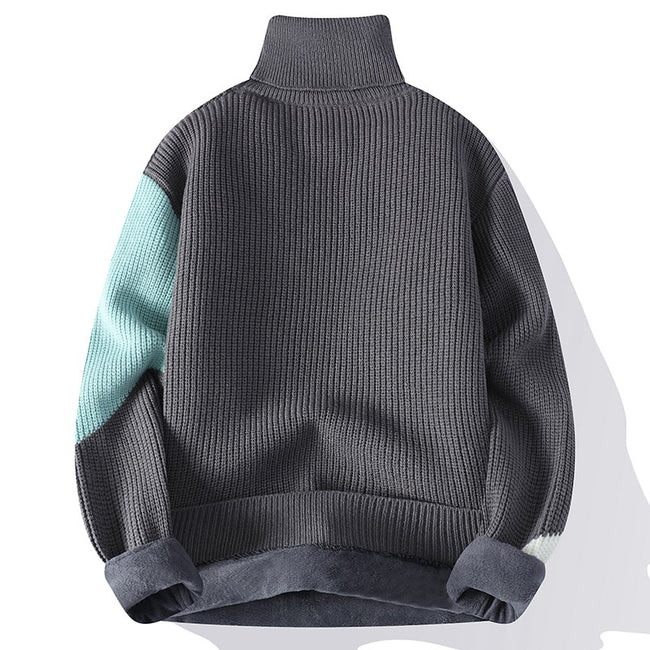 Contrast Color Turtleneck Men's Fleece-lined Knitting Bottoming Loose Sweater Main Image