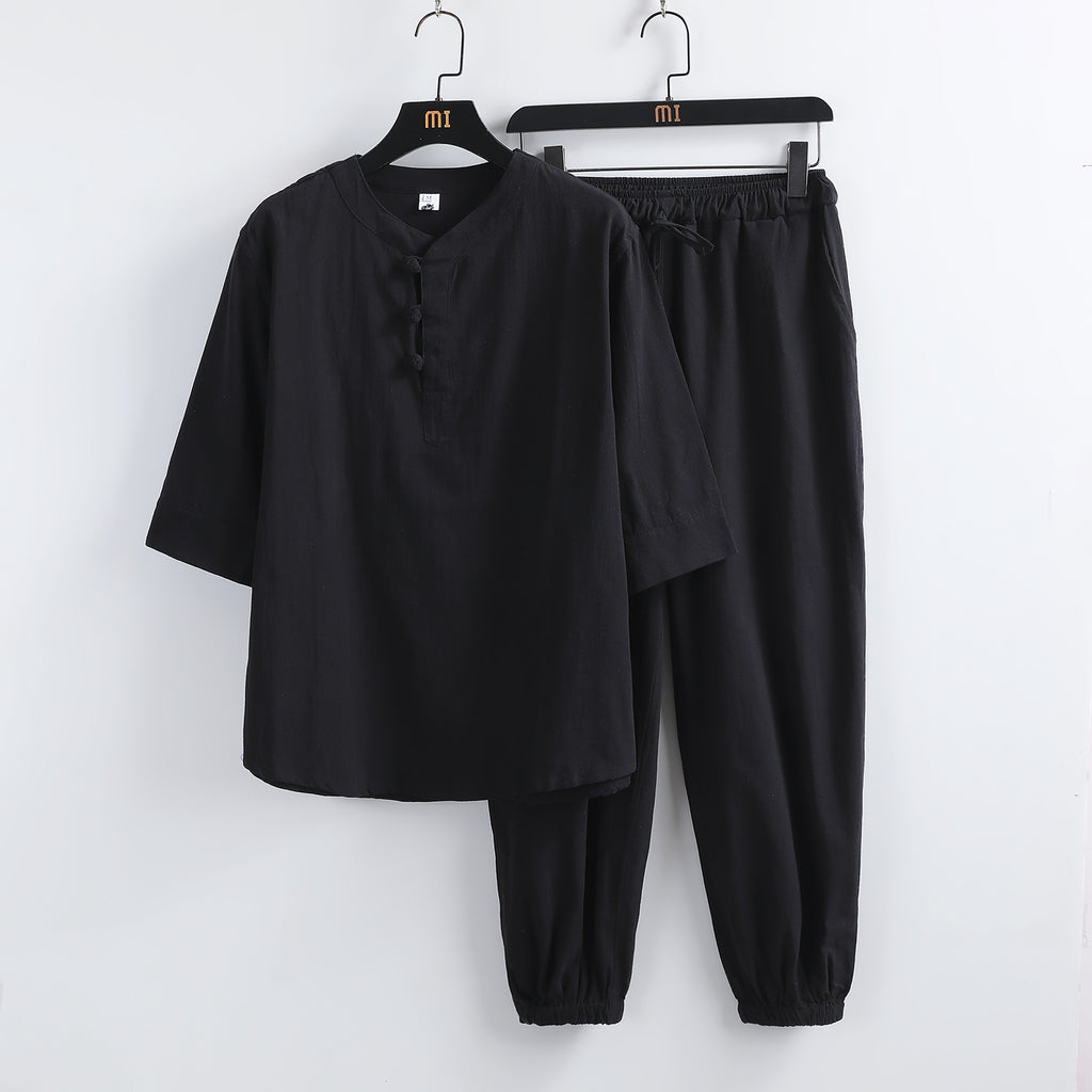 Linen Short Sleeve Suit Buckle Half Sleeve Hanfu Lay Buddhist Clothes