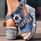 Newspaper Buckle Denim Wedge Slides - Anklet Not Included