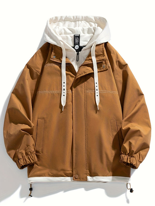 Men's Hooded Windbreaker Jacket Color Block Zipper Pockets