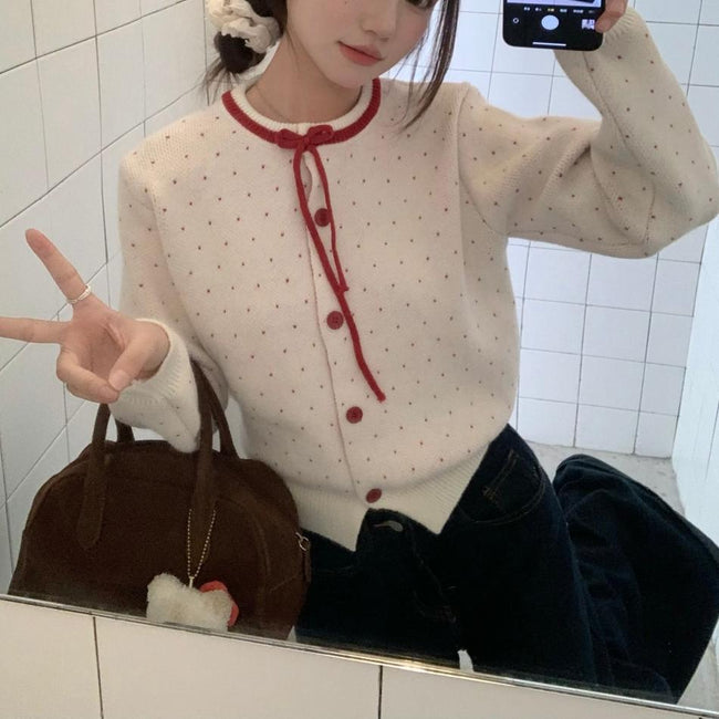 Women's Polka Dot Jacquard Lace-up Single-breasted Knitted Sweater Main Image