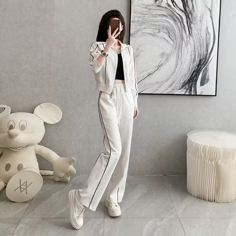 Trend Slimming And Short Zipper Sweater Wide Leg Trousers Two-piece Set