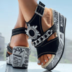 Newspaper Buckle Denim Wedge Slides - Anklet Not Included