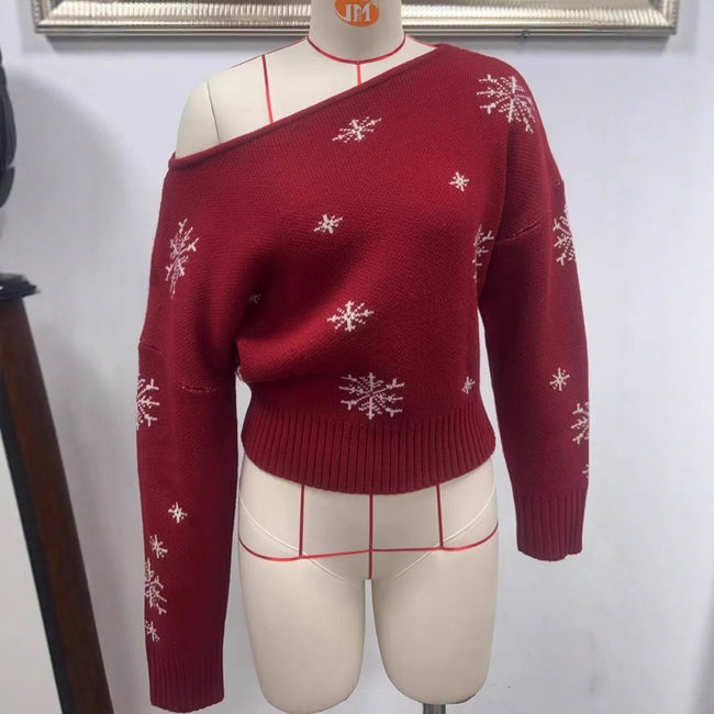 Snowflake Christmas Sweater For Women Pullover Boat Neck Main Image